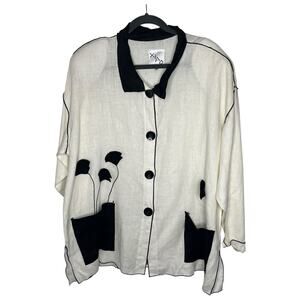 Xiao Women's Blouse 2X Plus White Black 100% Linen USA Button Down Lagenlook